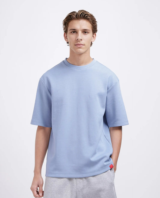 Rare Rabbit Men's Qlos Dusky Blue Cotton Blend Plain Boxy Fit Half Sleeve Crew Neck T-Shirt