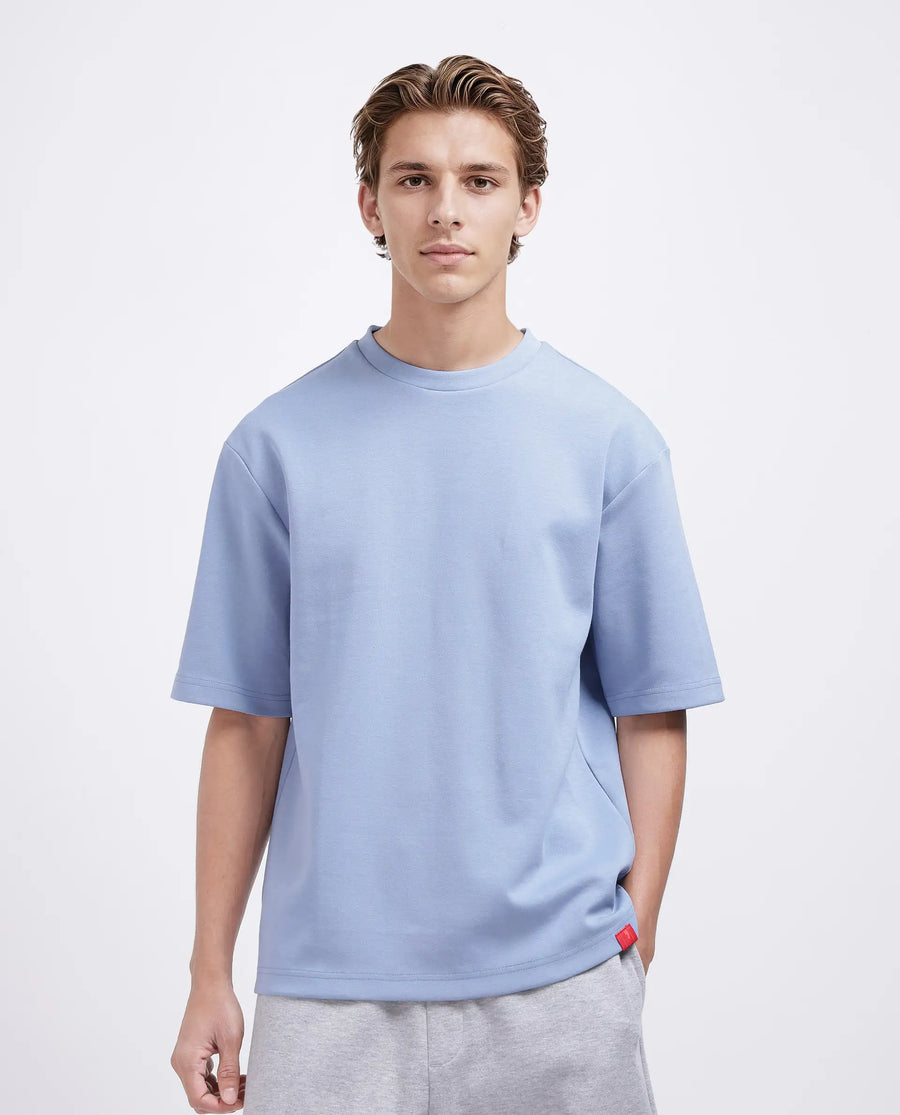Rare Rabbit Men's Qlos Dusky Blue Cotton Blend Plain Boxy Fit Half Sleeve Crew Neck T-Shirt
