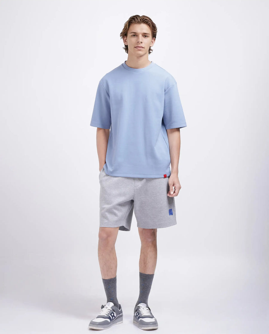 Rare Rabbit Men's Qlos Dusky Blue Cotton Blend Plain Boxy Fit Half Sleeve Crew Neck T-Shirt