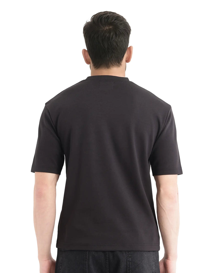 Rare Rabbit Men's Qlot Black Cotton Blend Plain Oversized Fit Half Sleeve Crew Neck T-Shirt