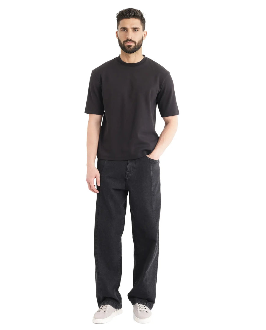 Rare Rabbit Men's Qlot Black Cotton Blend Plain Oversized Fit Half Sleeve Crew Neck T-Shirt