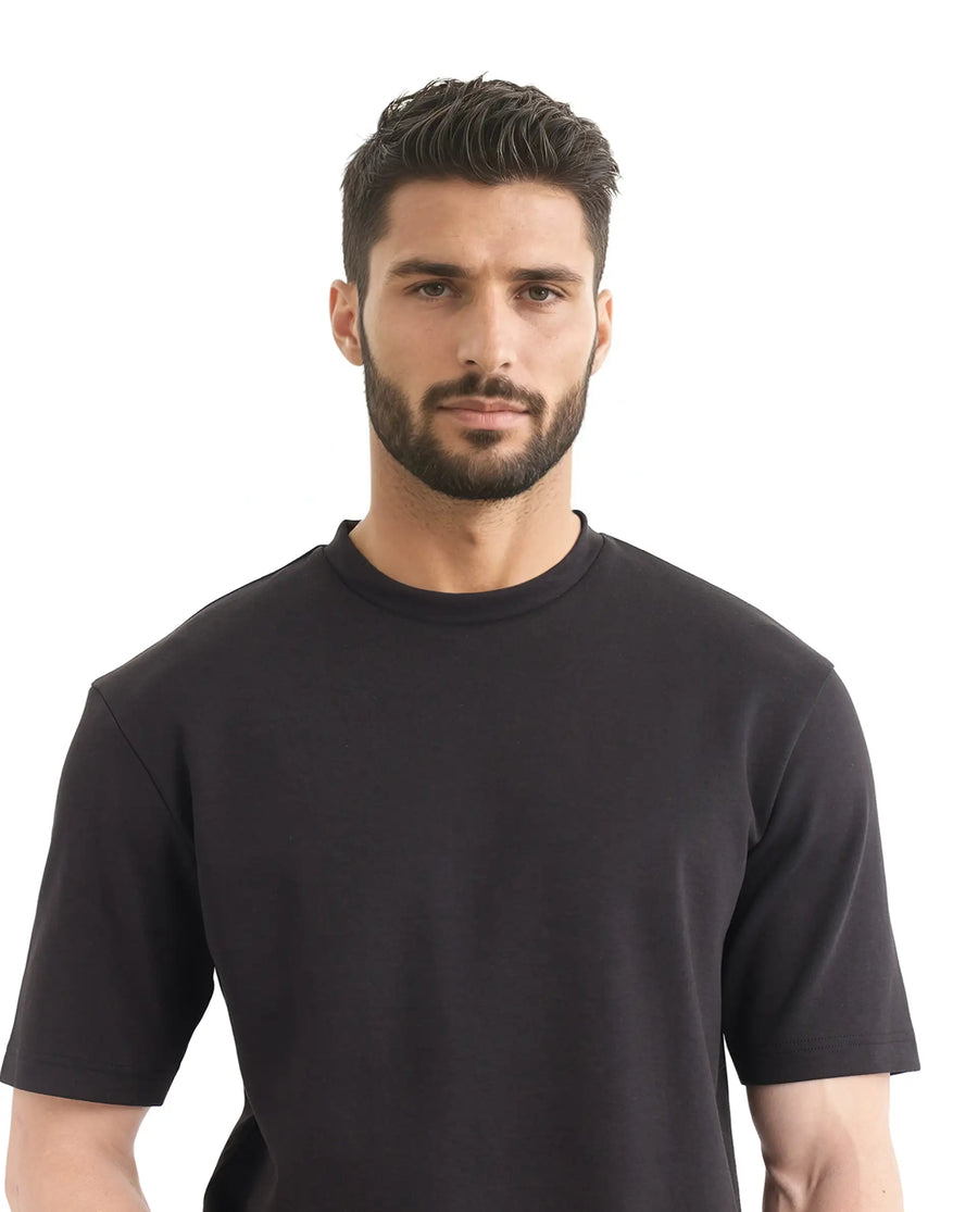 Rare Rabbit Men's Qlot Black Cotton Blend Plain Oversized Fit Half Sleeve Crew Neck T-Shirt