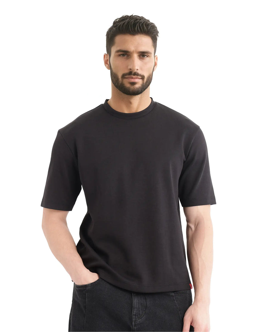 Rare Rabbit Men's Qlot Black Cotton Blend Plain Oversized Fit Half Sleeve Crew Neck T-Shirt