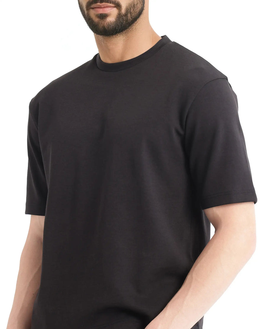 Rare Rabbit Men's Qlot Black Cotton Blend Plain Oversized Fit Half Sleeve Crew Neck T-Shirt