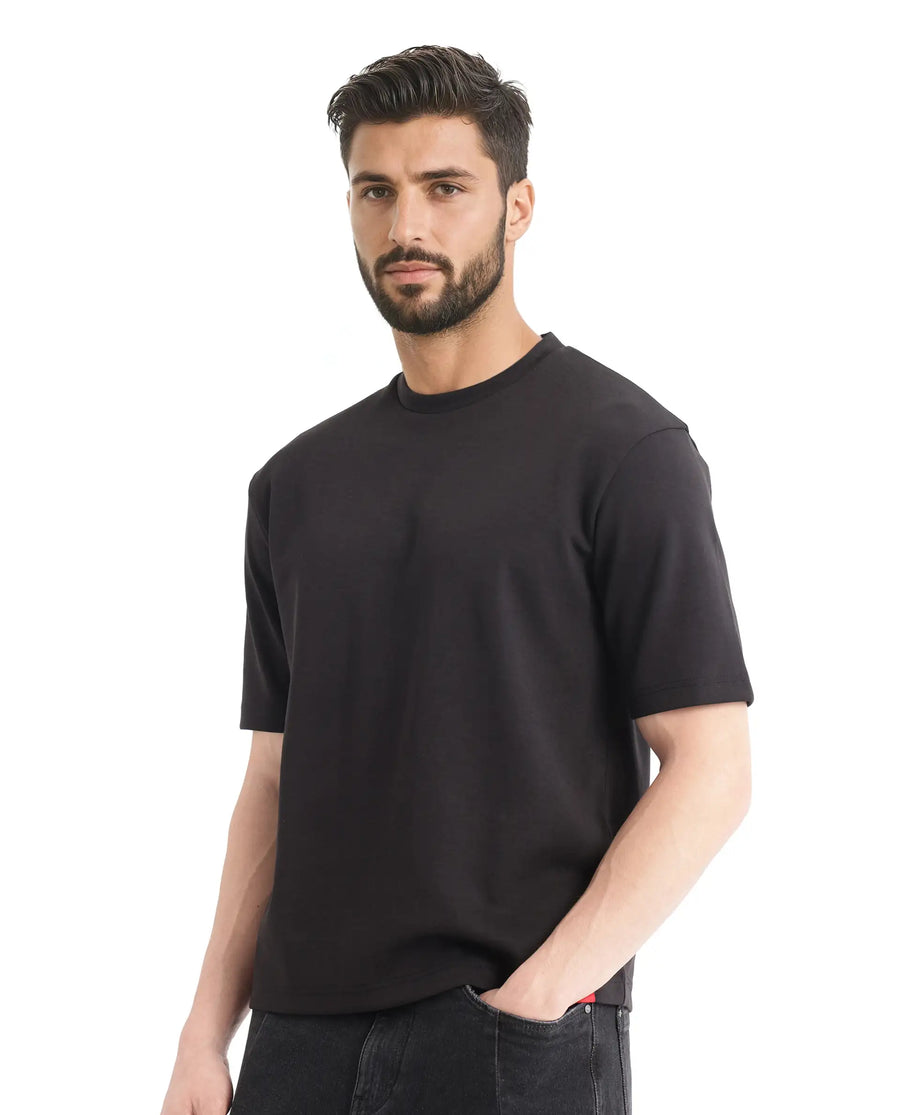 Rare Rabbit Men's Qlot Black Cotton Blend Plain Oversized Fit Half Sleeve Crew Neck T-Shirt