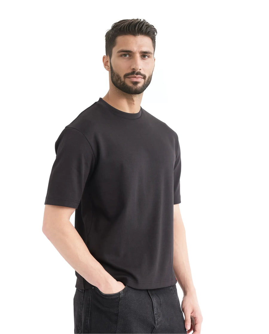 Rare Rabbit Men's Qlot Black Cotton Blend Plain Oversized Fit Half Sleeve Crew Neck T-Shirt