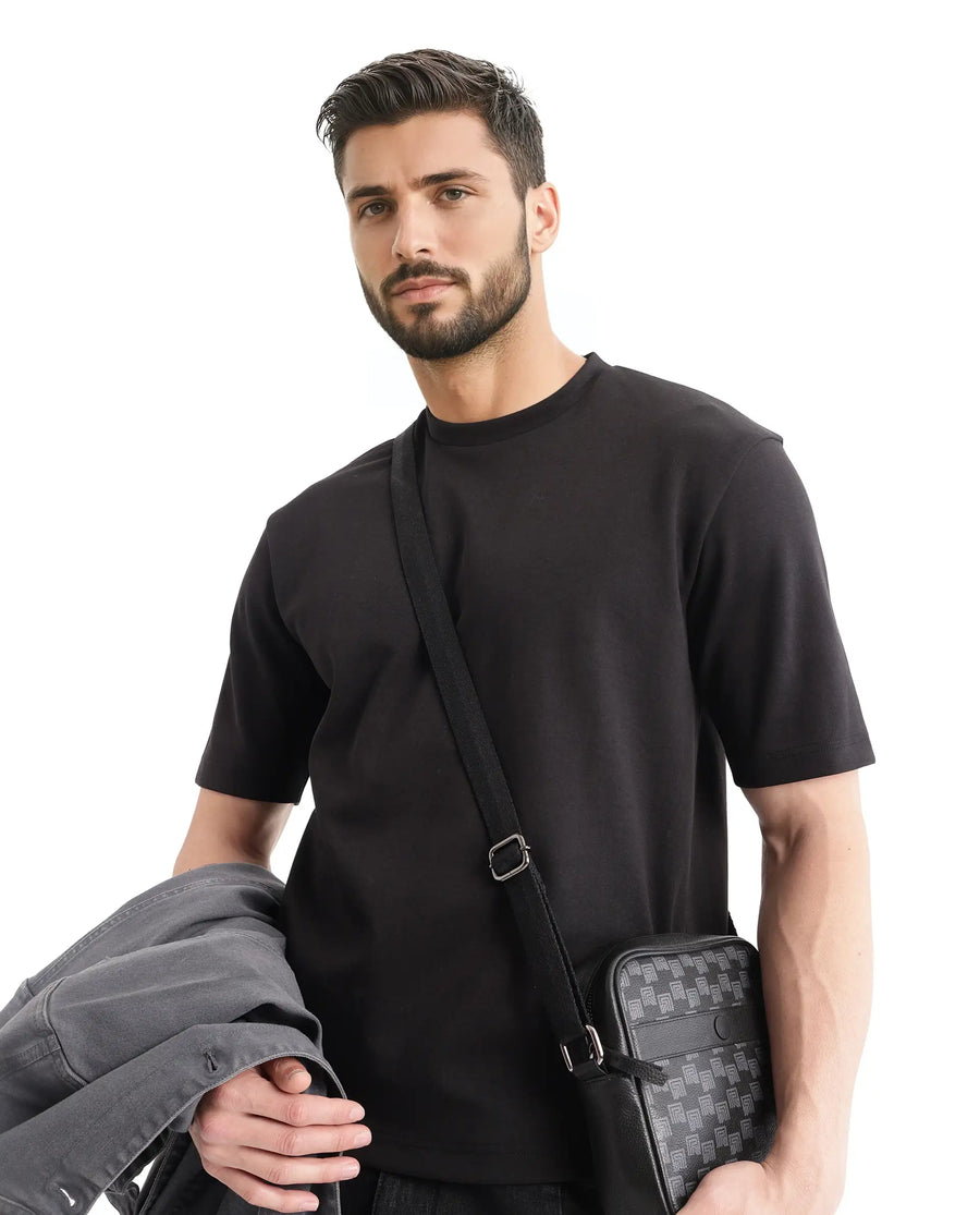 Rare Rabbit Men's Qlot Black Cotton Blend Plain Oversized Fit Half Sleeve Crew Neck T-Shirt