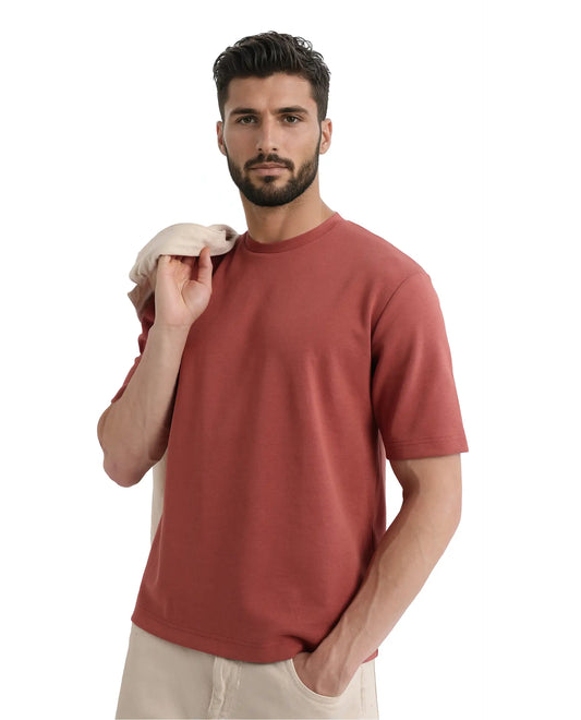Rare Rabbit Men's Qlot Dusky Rust Cotton Blend Plain Oversized Fit Half Sleeve Crew Neck T-Shirt