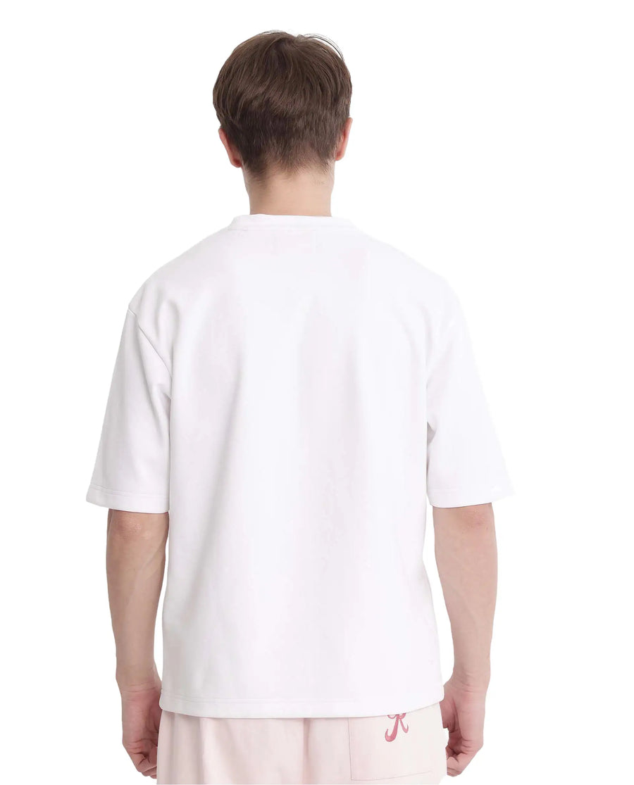 Rare Rabbit Men's Qlot White Cotton Blend Plain Oversized Fit Half Sleeve Crew Neck T-Shirt