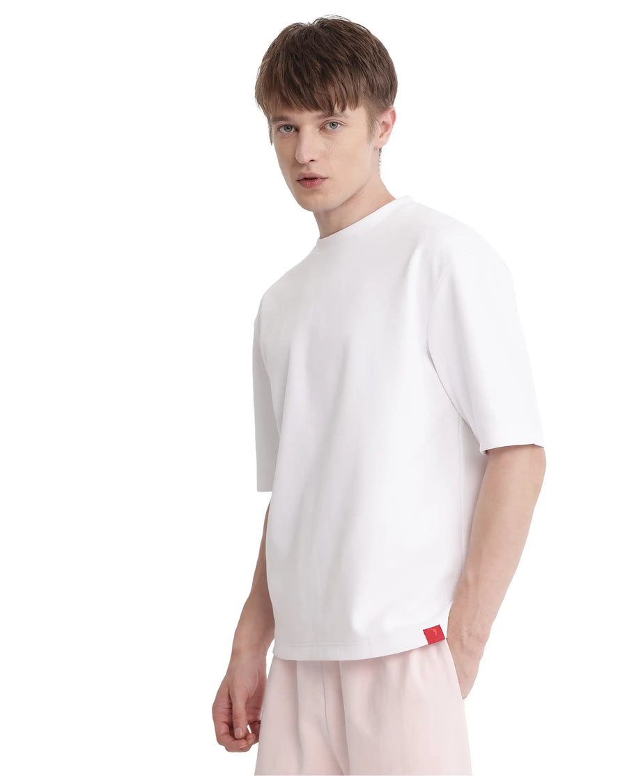 Rare Rabbit Men's Qlot White Cotton Blend Plain Oversized Fit Half Sleeve Crew Neck T-Shirt