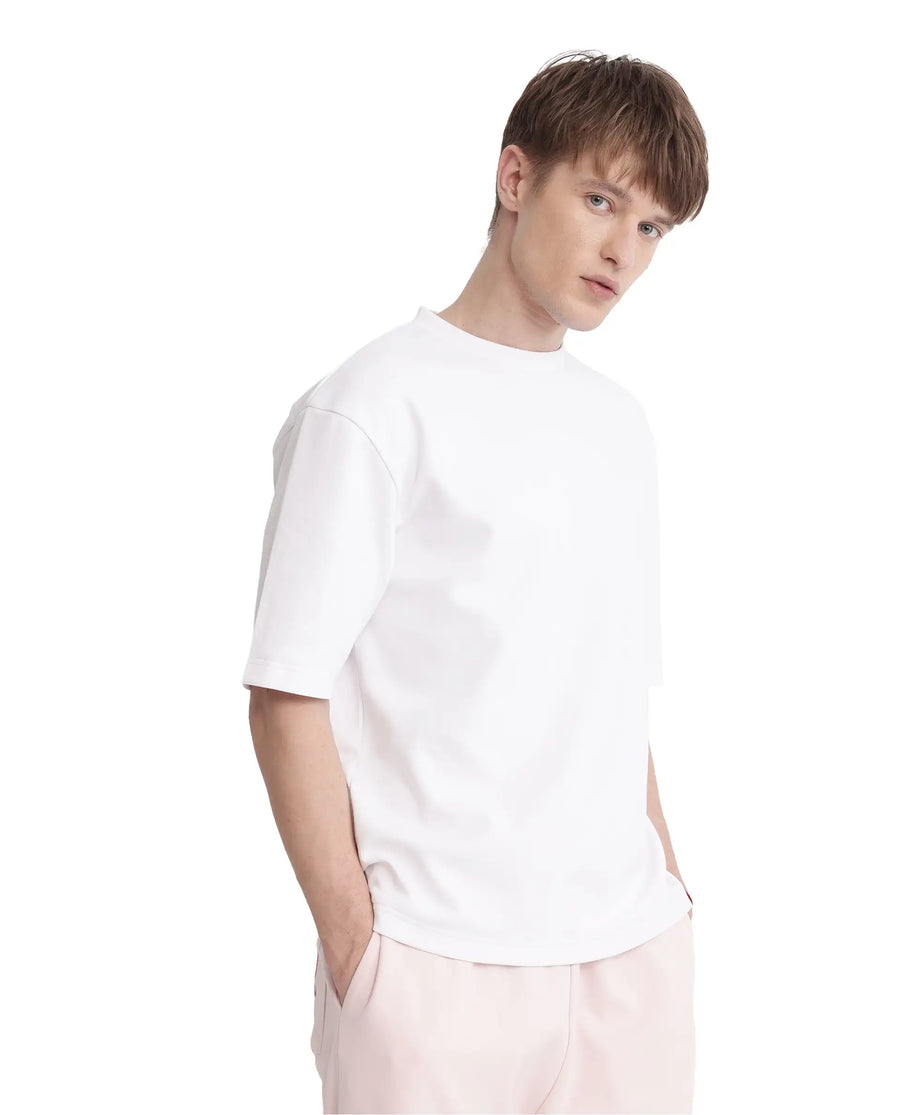 Rare Rabbit Men's Qlot White Cotton Blend Plain Oversized Fit Half Sleeve Crew Neck T-Shirt