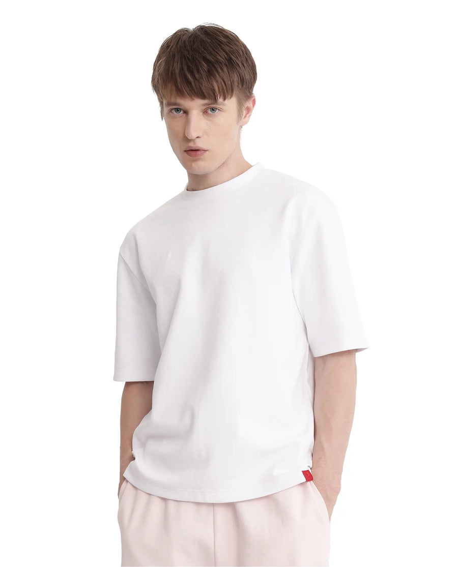 Rare Rabbit Men's Qlot White Cotton Blend Plain Oversized Fit Half Sleeve Crew Neck T-Shirt