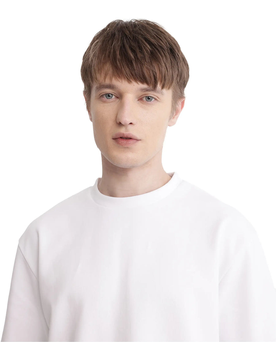 Rare Rabbit Men's Qlot White Cotton Blend Plain Oversized Fit Half Sleeve Crew Neck T-Shirt