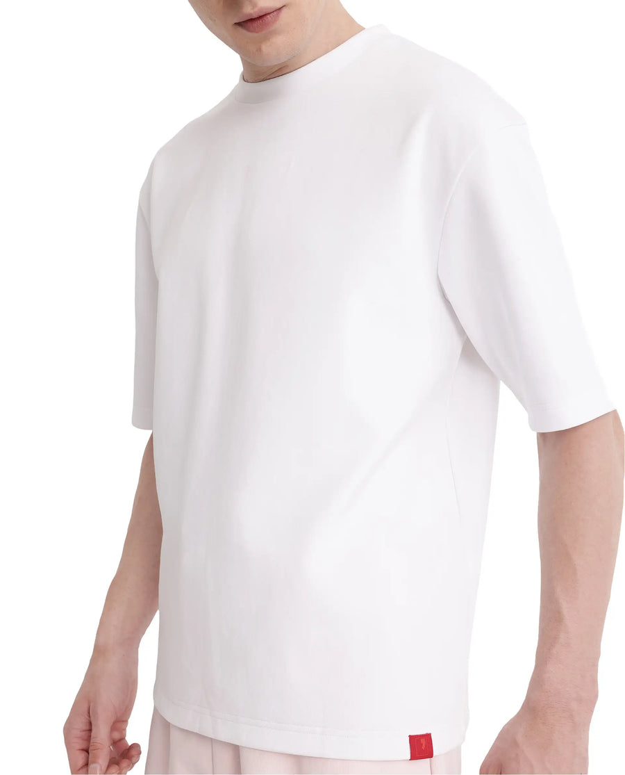 Rare Rabbit Men's Qlot White Cotton Blend Plain Oversized Fit Half Sleeve Crew Neck T-Shirt