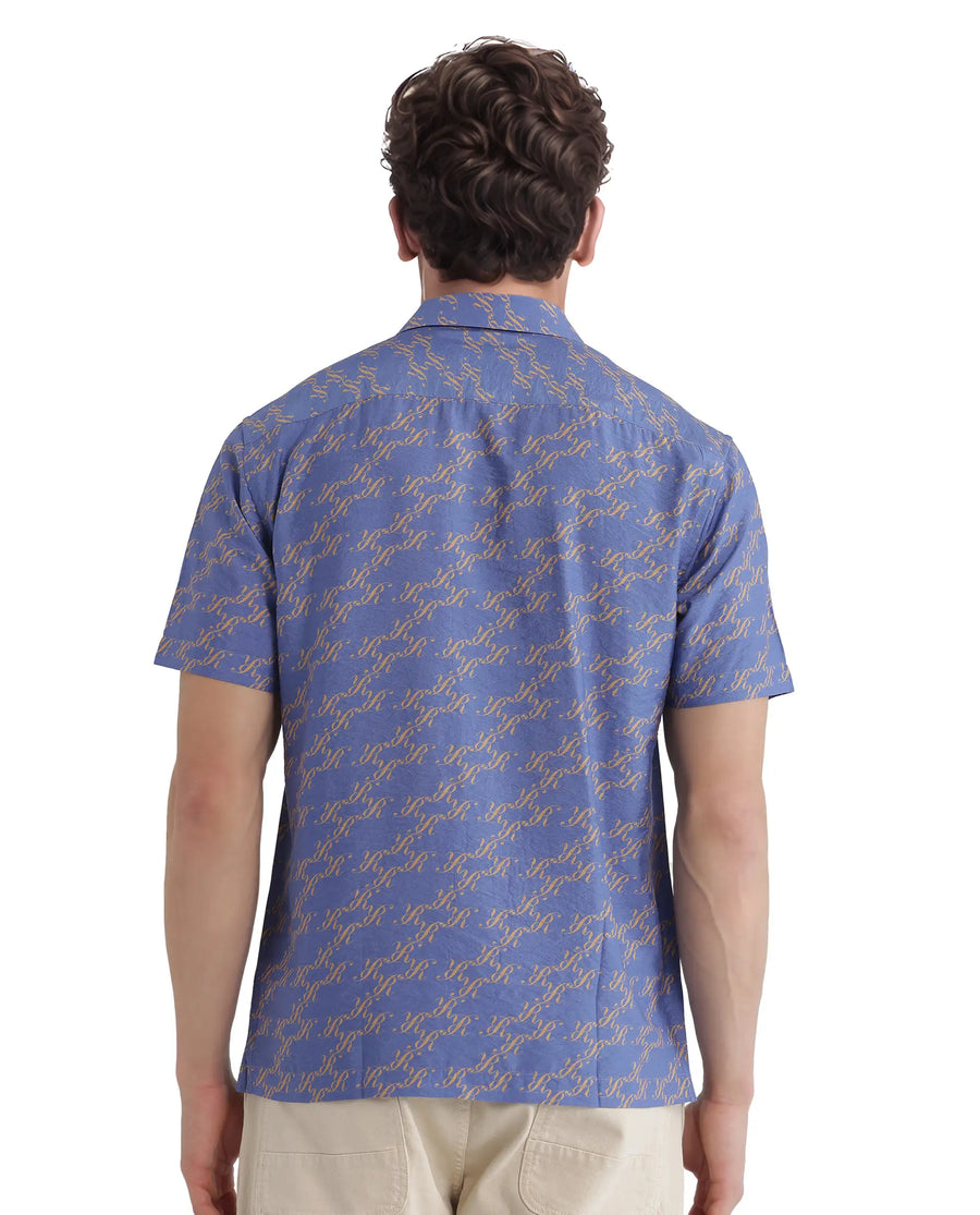 Rare Rabbit Men's Qoto Light Purple Viscose Blend Monogram Print Regular Fit Half Sleeve Collared Shirt