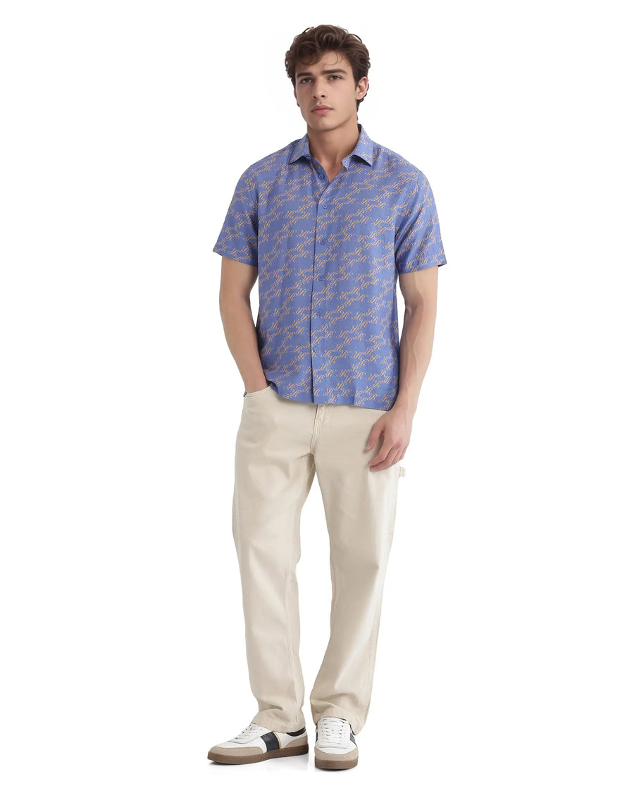 Rare Rabbit Men's Qoto Light Purple Viscose Blend Monogram Print Regular Fit Half Sleeve Collared Shirt