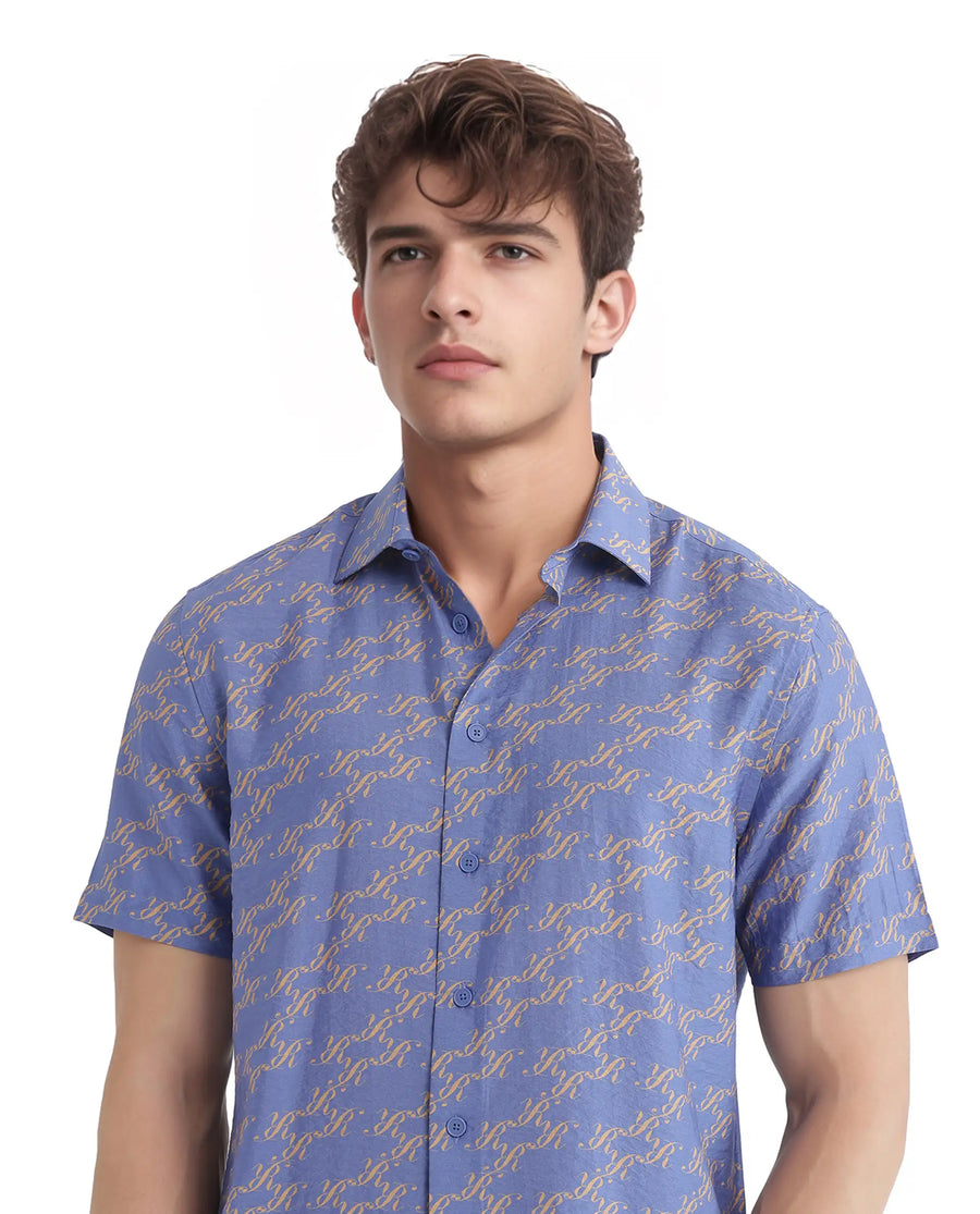 Rare Rabbit Men's Qoto Light Purple Viscose Blend Monogram Print Regular Fit Half Sleeve Collared Shirt