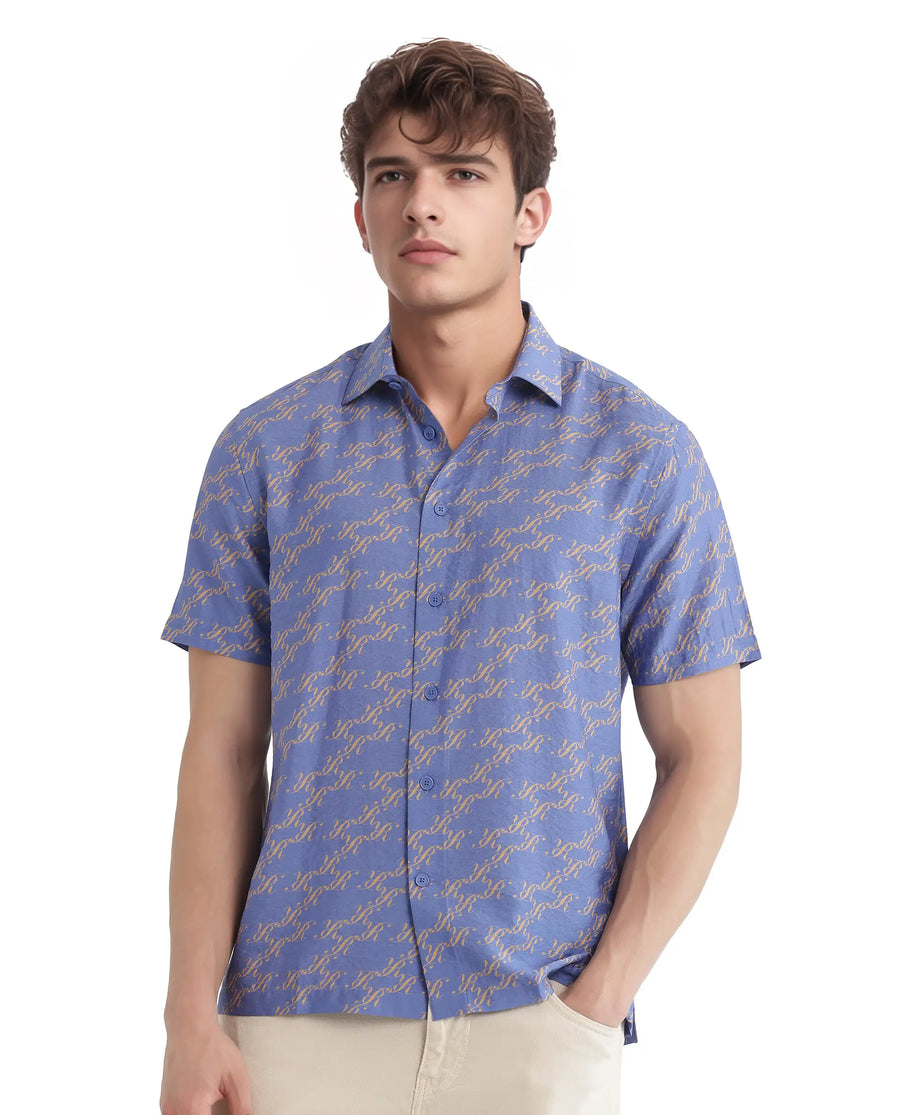 Rare Rabbit Men's Qoto Light Purple Viscose Blend Monogram Print Regular Fit Half Sleeve Collared Shirt