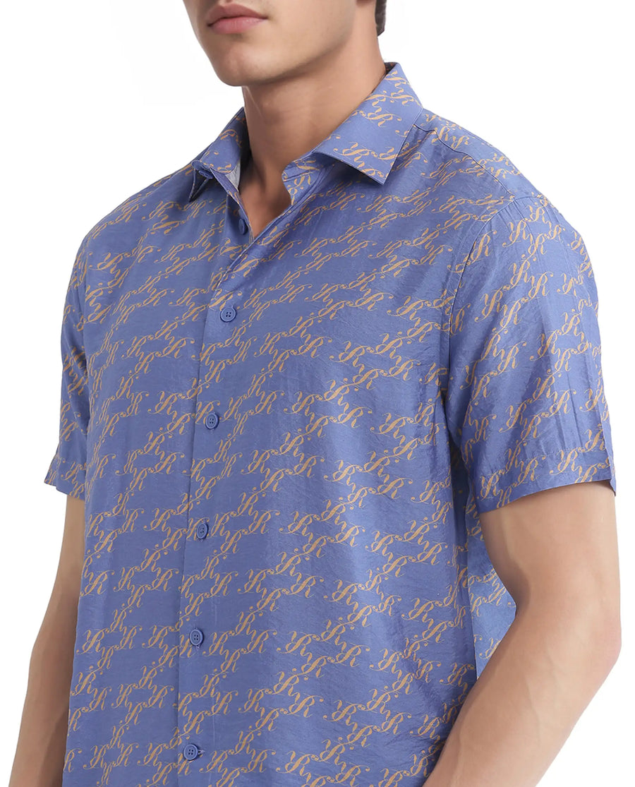 Rare Rabbit Men's Qoto Light Purple Viscose Blend Monogram Print Regular Fit Half Sleeve Collared Shirt
