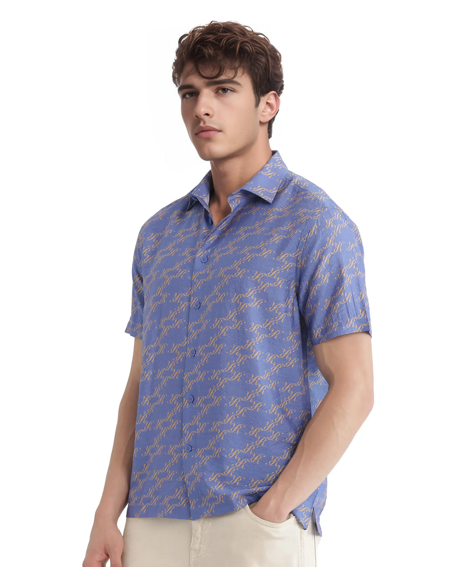 Rare Rabbit Men's Qoto Light Purple Viscose Blend Monogram Print Regular Fit Half Sleeve Collared Shirt