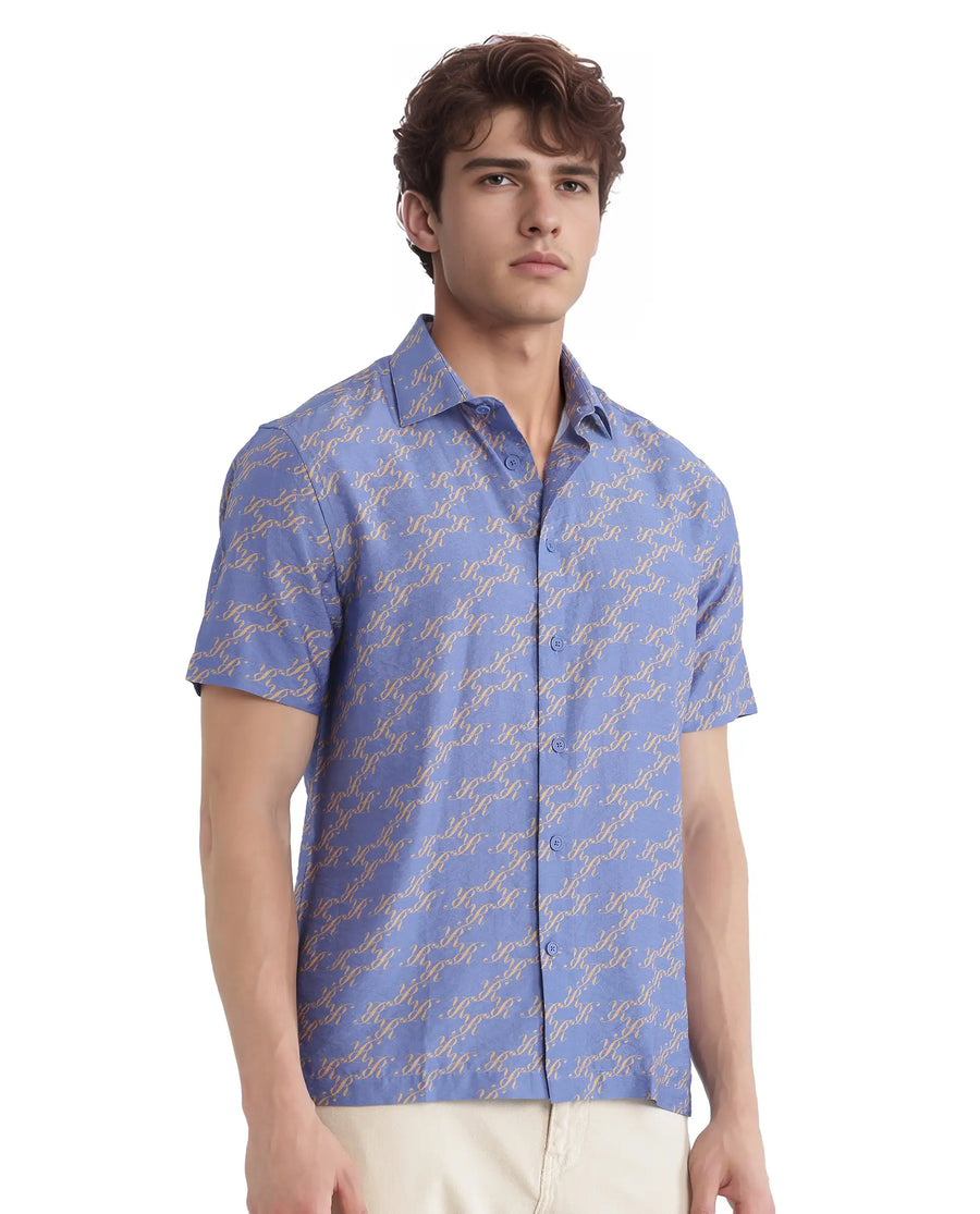 Rare Rabbit Men's Qoto Light Purple Viscose Blend Monogram Print Regular Fit Half Sleeve Collared Shirt