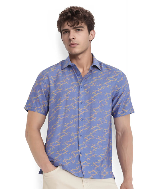 Rare Rabbit Men's Qoto Light Purple Viscose Blend Monogram Print Regular Fit Half Sleeve Collared Shirt