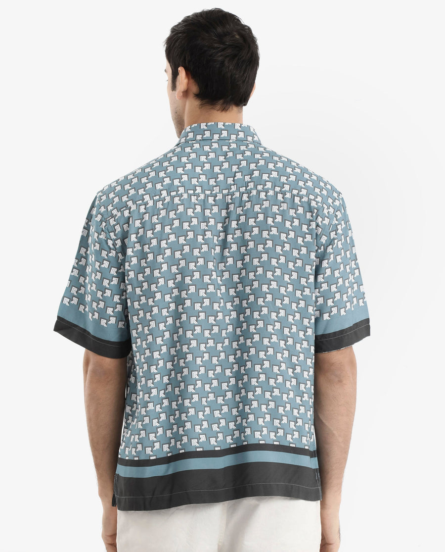 Rare Rabbit Men's Qran Dusky Petrol Viscose Monogram Print Boxy Fit Half Sleeve Collared Shirt