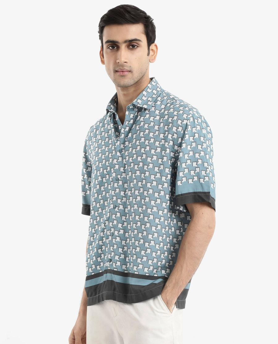 Rare Rabbit Men's Qran Dusky Petrol Viscose Monogram Print Boxy Fit Half Sleeve Collared Shirt