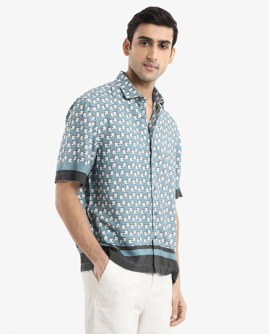 Rare Rabbit Men's Qran Dusky Petrol Viscose Monogram Print Boxy Fit Half Sleeve Collared Shirt