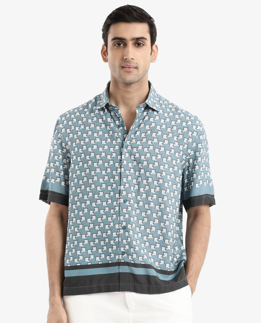 Rare Rabbit Men's Qran Dusky Petrol Viscose Monogram Print Boxy Fit Half Sleeve Collared Shirt