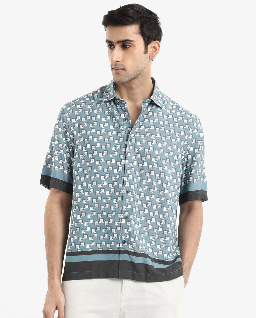 Rare Rabbit Men's Qran Dusky Petrol Viscose Monogram Print Boxy Fit Half Sleeve Collared Shirt