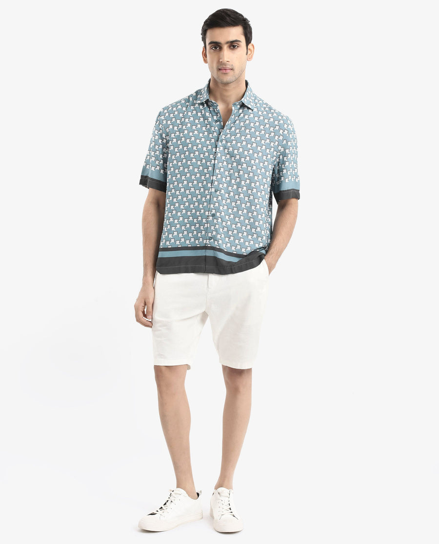 Rare Rabbit Men's Qran Dusky Petrol Viscose Monogram Print Boxy Fit Half Sleeve Collared Shirt
