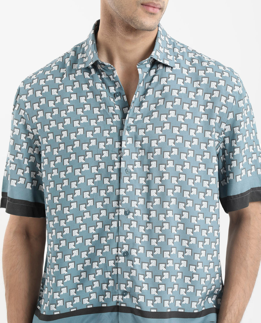 Rare Rabbit Men's Qran Dusky Petrol Viscose Monogram Print Boxy Fit Half Sleeve Collared Shirt