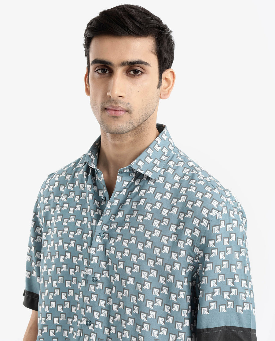 Rare Rabbit Men's Qran Dusky Petrol Viscose Monogram Print Boxy Fit Half Sleeve Collared Shirt