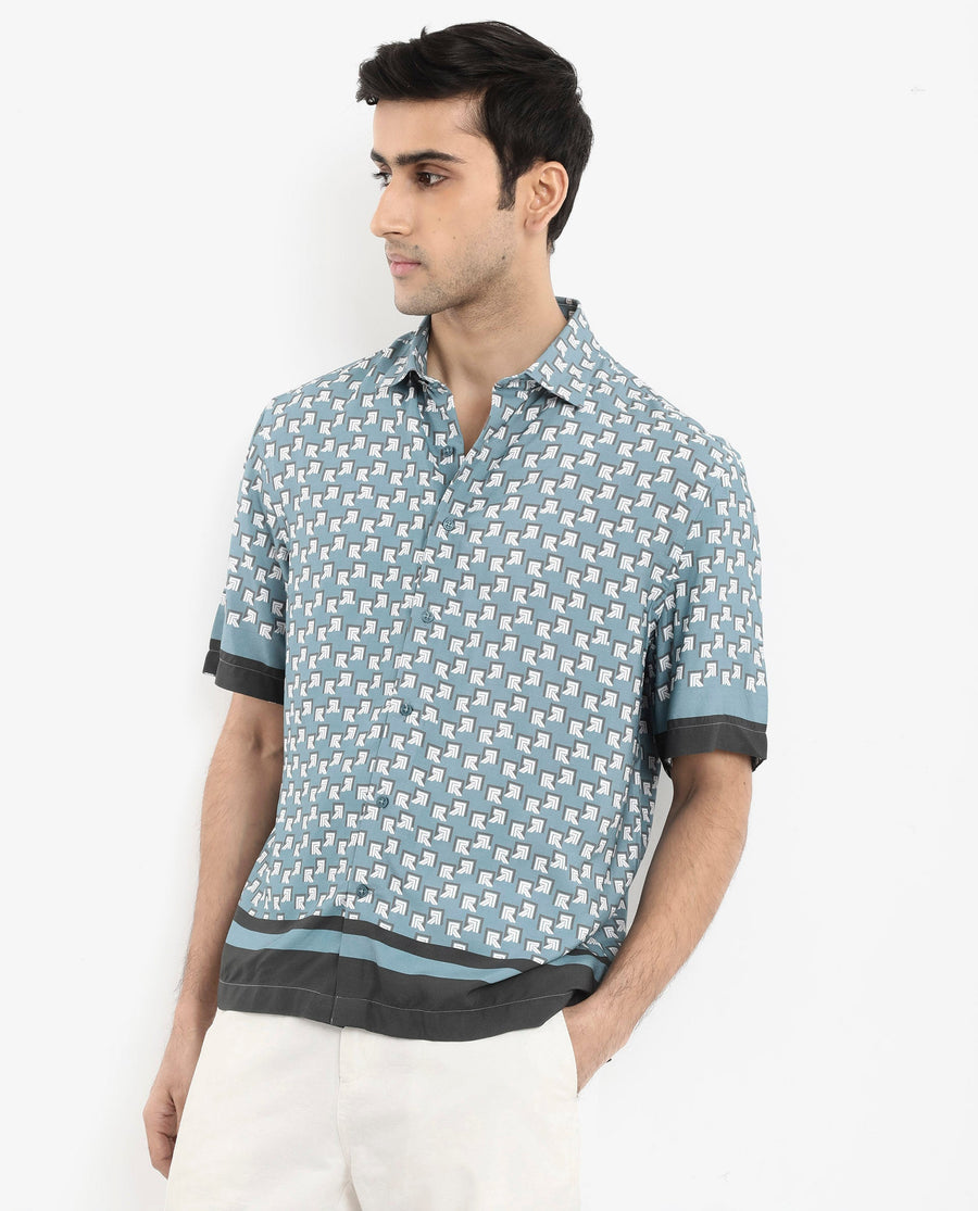 Rare Rabbit Men's Qran Dusky Petrol Viscose Monogram Print Boxy Fit Half Sleeve Collared Shirt