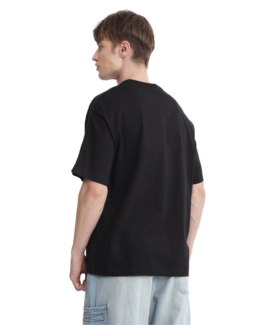 Rare Rabbit Men's Quate Black Cotton Plain Boxy Fit Half Sleeve Crew Neck T-Shirt