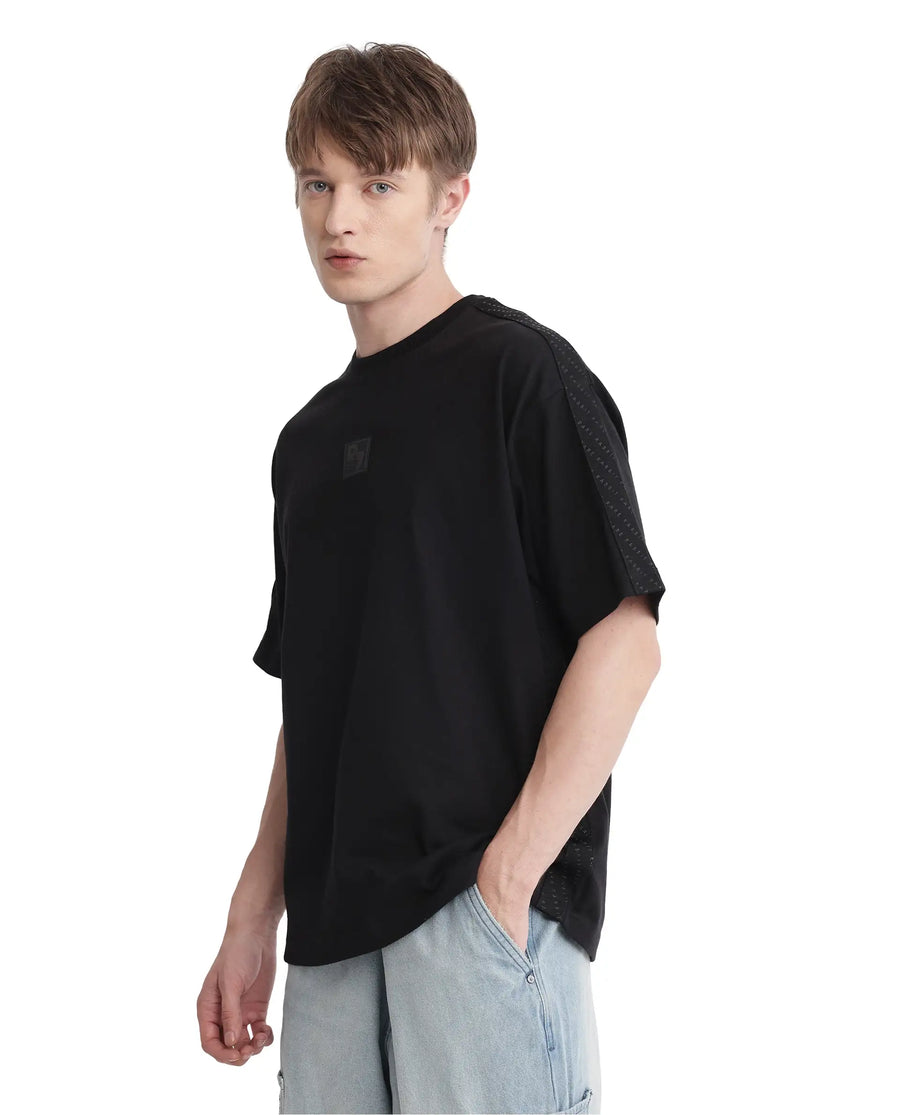 Rare Rabbit Men's Quate Black Cotton Plain Boxy Fit Half Sleeve Crew Neck T-Shirt