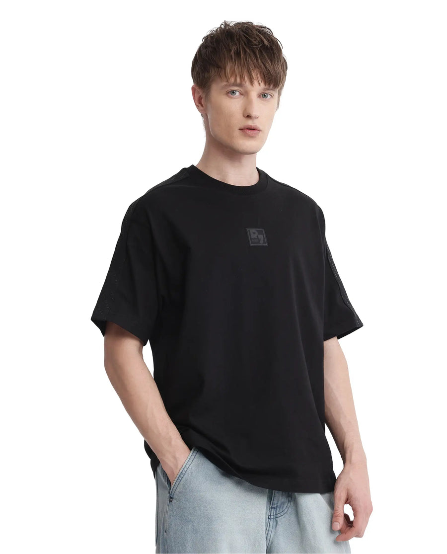 Rare Rabbit Men's Quate Black Cotton Plain Boxy Fit Half Sleeve Crew Neck T-Shirt