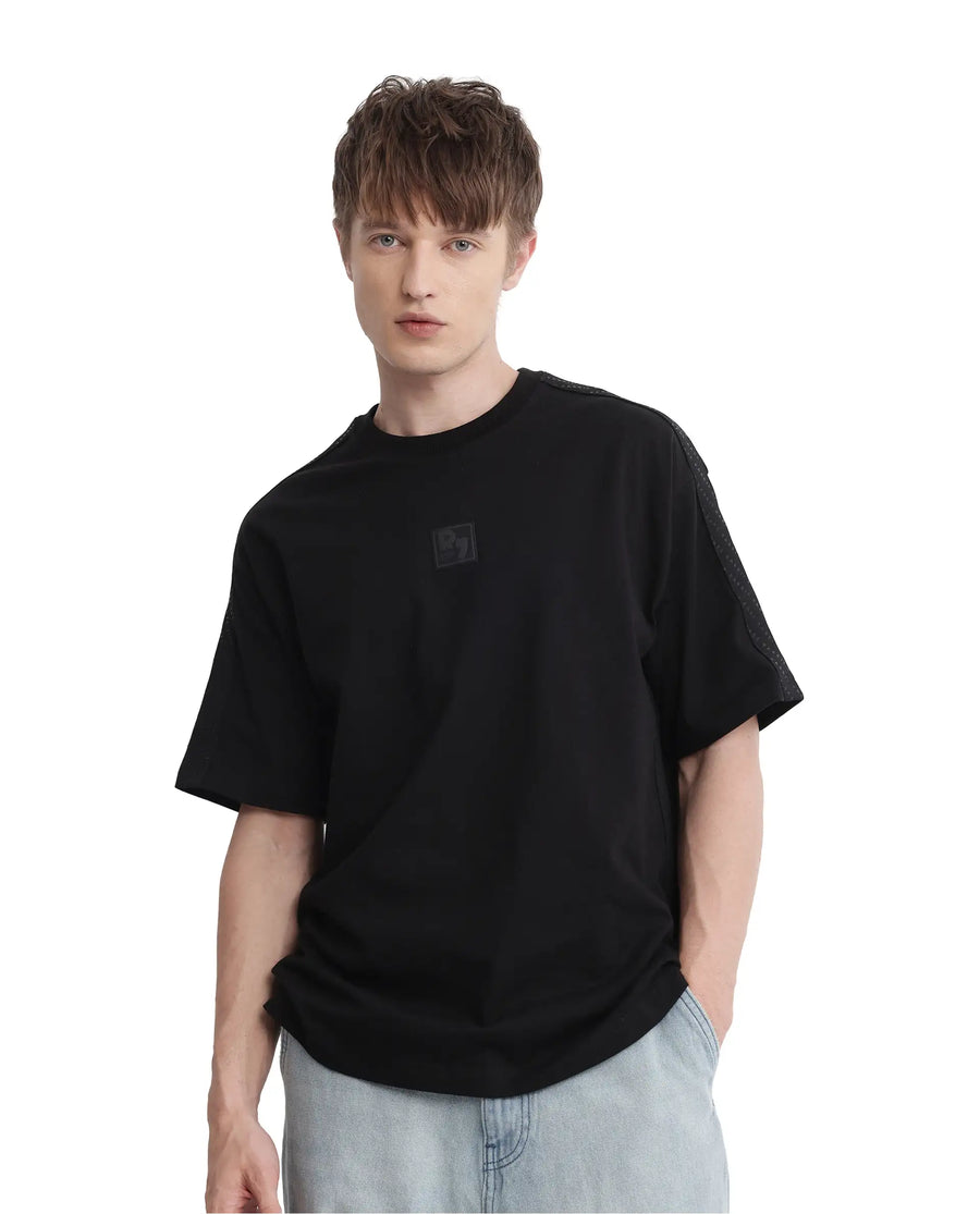 Rare Rabbit Men's Quate Black Cotton Plain Boxy Fit Half Sleeve Crew Neck T-Shirt