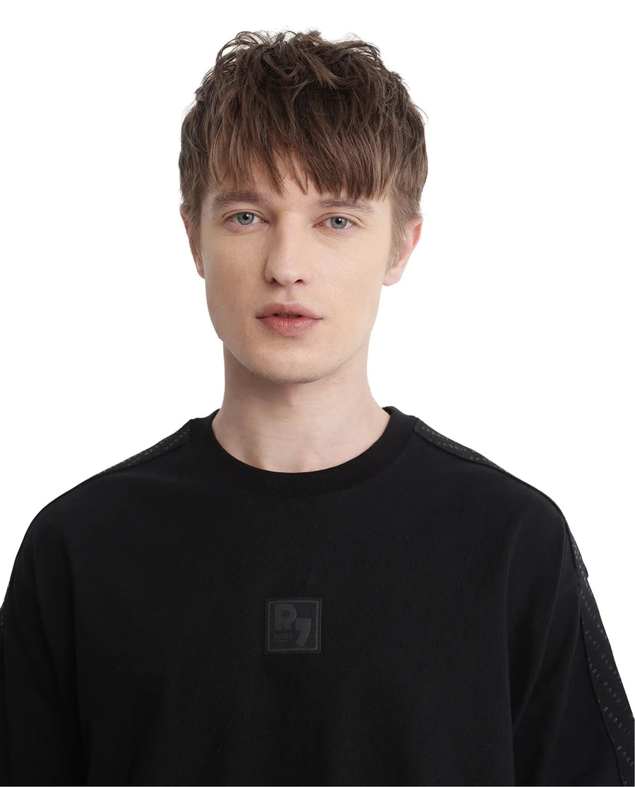 Rare Rabbit Men's Quate Black Cotton Plain Boxy Fit Half Sleeve Crew Neck T-Shirt