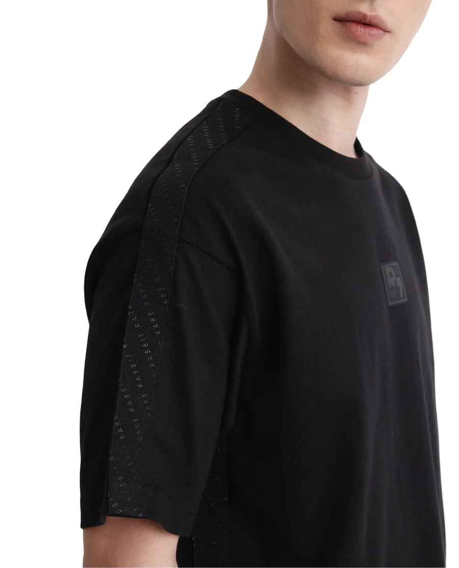 Rare Rabbit Men's Quate Black Cotton Plain Boxy Fit Half Sleeve Crew Neck T-Shirt
