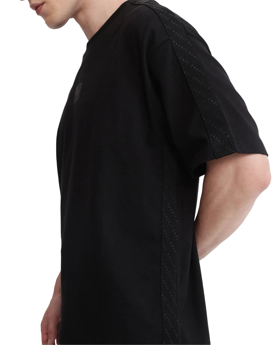 Rare Rabbit Men's Quate Black Cotton Plain Boxy Fit Half Sleeve Crew Neck T-Shirt