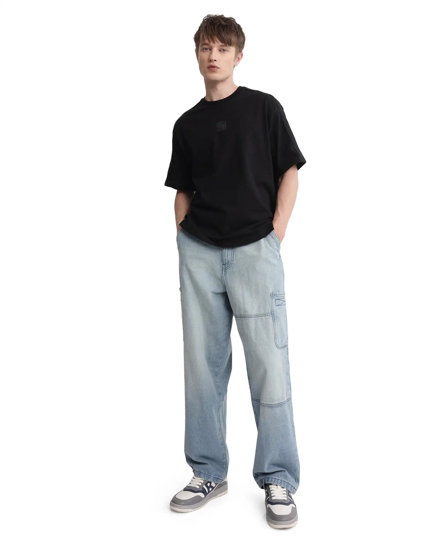 Rare Rabbit Men's Quate Black Cotton Plain Boxy Fit Half Sleeve Crew Neck T-Shirt
