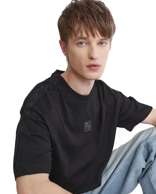 Rare Rabbit Men's Quate Black Cotton Plain Boxy Fit Half Sleeve Crew Neck T-Shirt