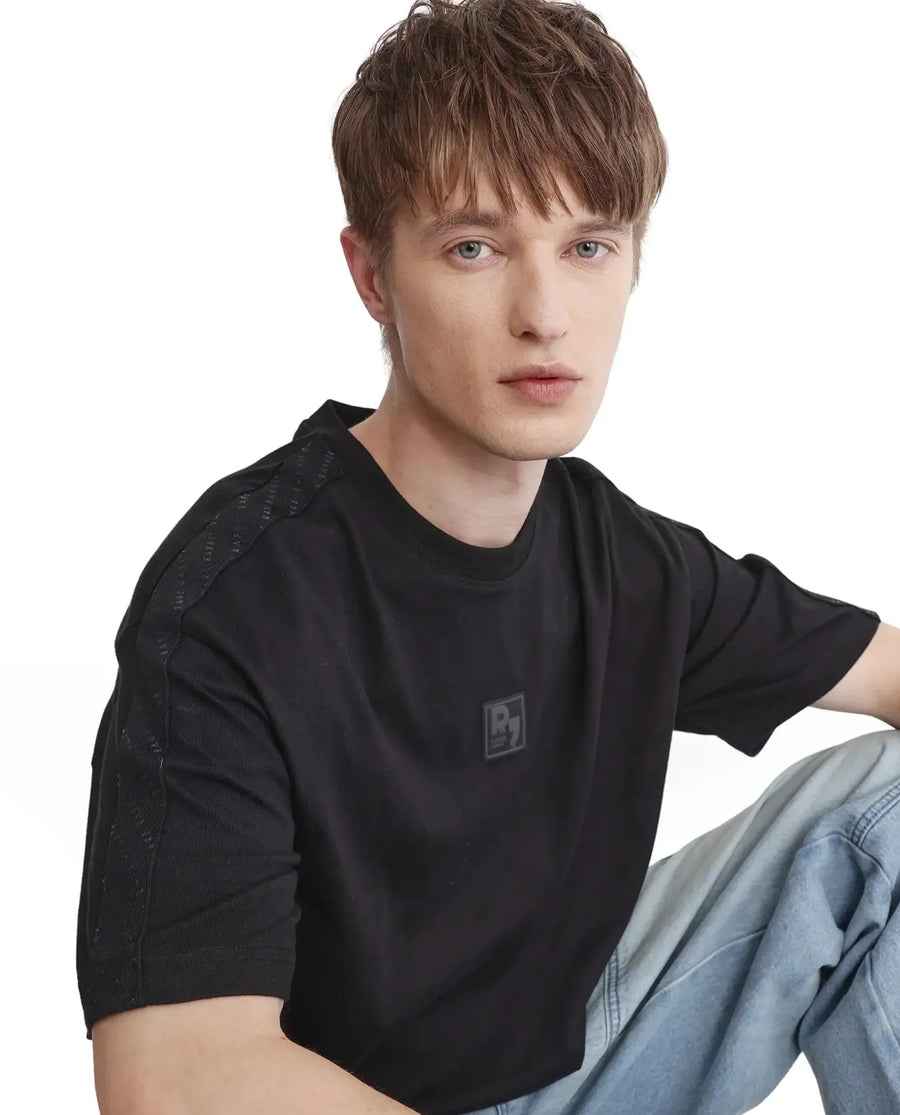Rare Rabbit Men's Quate Black Cotton Plain Boxy Fit Half Sleeve Crew Neck T-Shirt