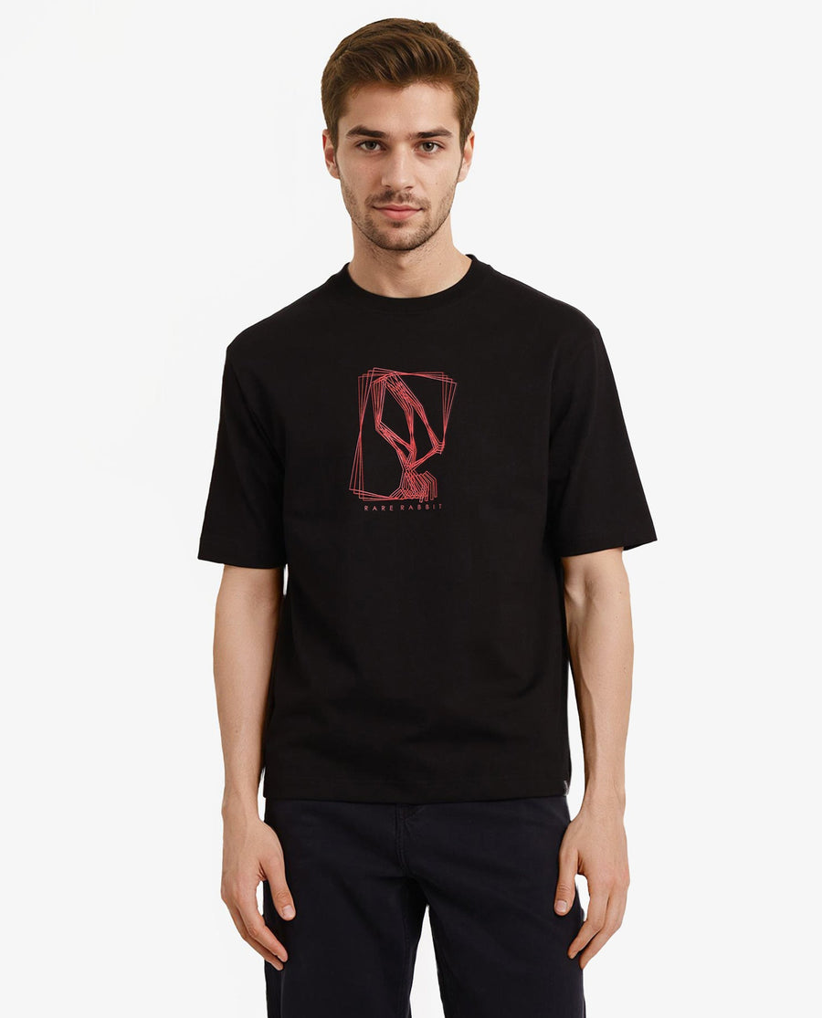 Rare Rabbit Men's Que Black Cotton Graphic Print Regular Fit Half Sleeve Crew Neck T-Shirt