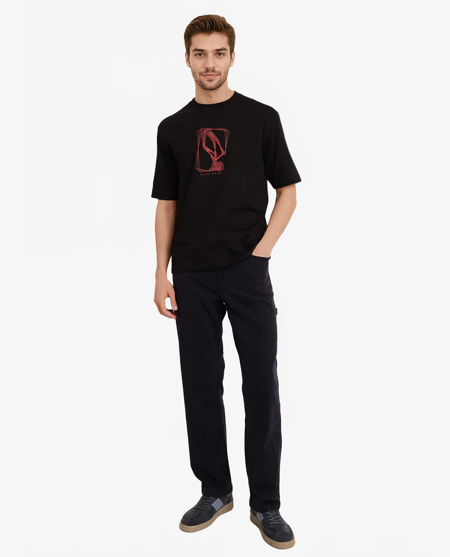 Rare Rabbit Men's Que Black Cotton Graphic Print Regular Fit Half Sleeve Crew Neck T-Shirt