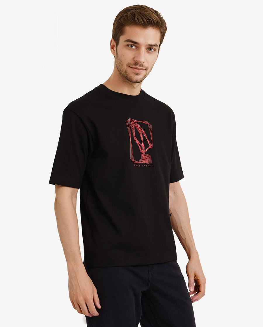 Rare Rabbit Men's Que Black Cotton Graphic Print Regular Fit Half Sleeve Crew Neck T-Shirt