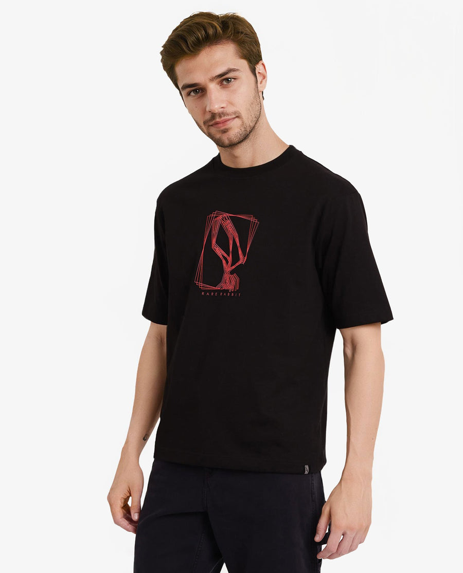 Rare Rabbit Men's Que Black Cotton Graphic Print Regular Fit Half Sleeve Crew Neck T-Shirt
