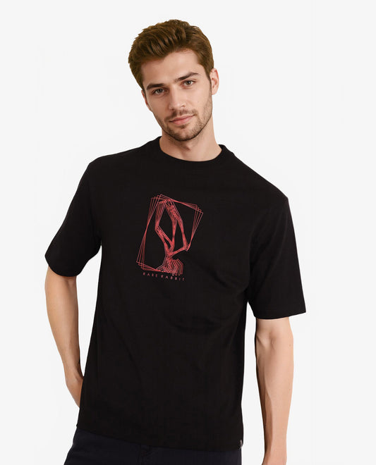 Rare Rabbit Men's Que Black Cotton Graphic Print Regular Fit Half Sleeve Crew Neck T-Shirt